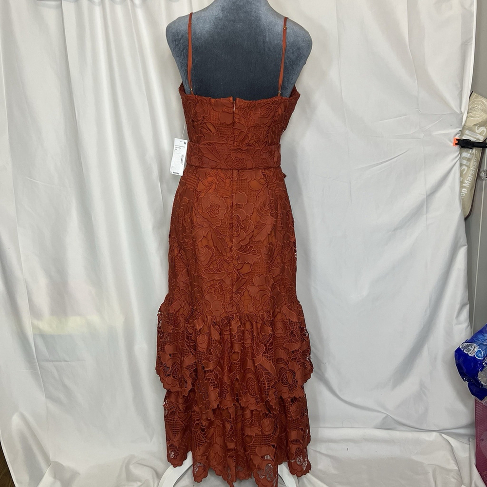 Mestiza New York Vanessa Belted Tiered Guipure Lace Midi Dress Red/Rust 8 Classy - Picture 7 of 16